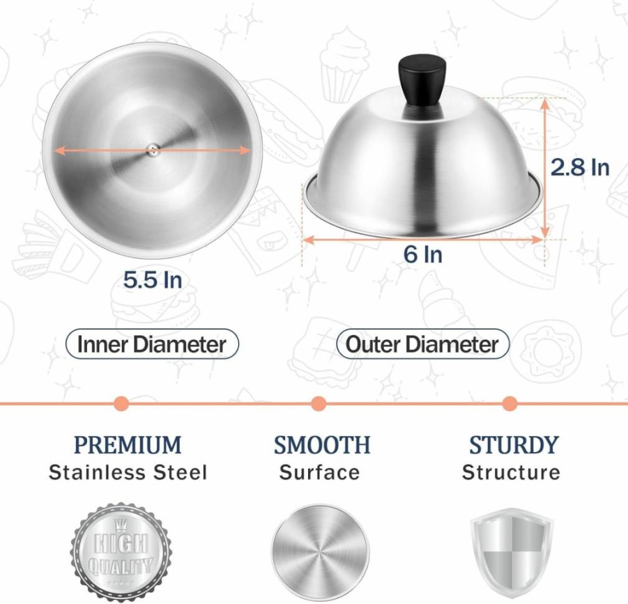 Joyfair 6 Inch Stainless Steel Cheese Melting Dome - Dishwasher Safe, Brushed Finish Grilling Lid for Indoor & Outdoor Flat Top Grill Cooking (2 Pack)