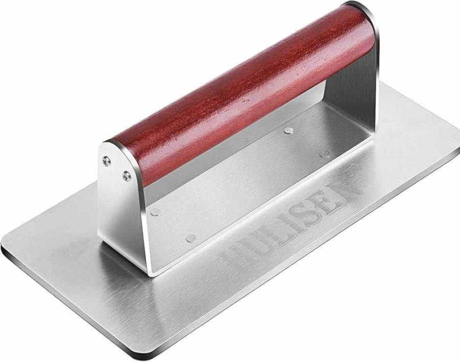 HULISEN 8.5-Inch Stainless Steel Burger Press with Wood Handle – Heavy Duty Bacon & Grill Smasher for BBQ, Hamburger, Steak, and Meat – Round Griddle Accessories