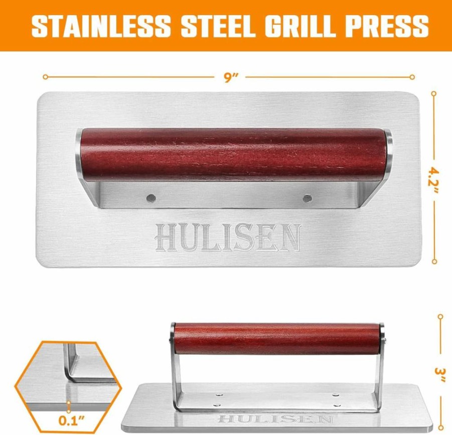 HULISEN 8.5-Inch Stainless Steel Burger Press with Wood Handle – Heavy Duty Bacon & Grill Smasher for BBQ, Hamburger, Steak, and Meat – Round Griddle Accessories