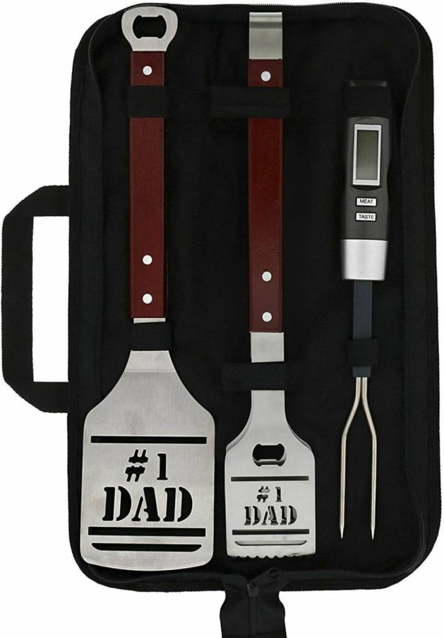 Panoware 4-Piece BBQ Grill Tools Set for Dad - Includes Number 1 Dad Tongs, Spatula, Digital Meat Thermometer & Carrying Case - Perfect Gift for Fathers Day