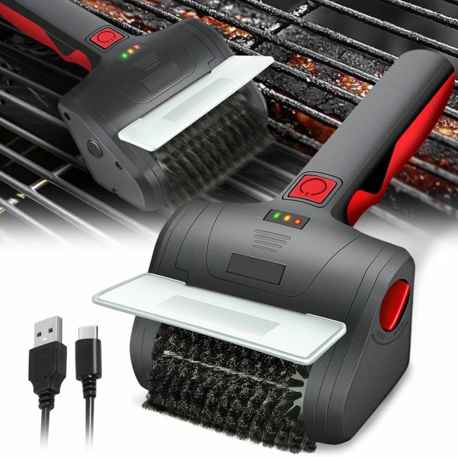Auto Dynasty 8V Rechargeable Electric Grill Brush with Rotating Head, Cordless BBQ Cleaner Scrubber, Type-C Charging, Red/Black Grill Cleaning Tool