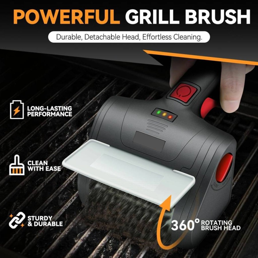 Auto Dynasty 8V Rechargeable Electric Grill Brush with Rotating Head, Cordless BBQ Cleaner Scrubber, Type-C Charging, Red/Black Grill Cleaning Tool