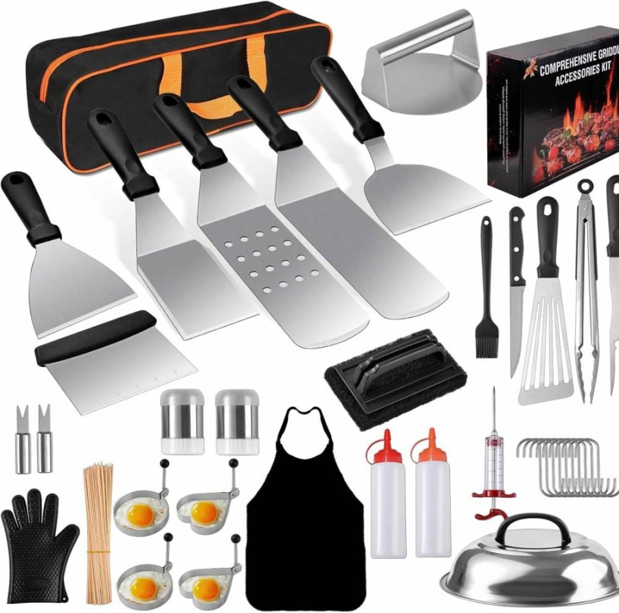 YJHOLE 135Pcs Blackstone Griddle Accessories Set - Heavy Duty Metal Spatulas, Basting Cover, Flat Top Grill Tools for Blackstone, Camp Chef & Outdoor BBQ Cooking