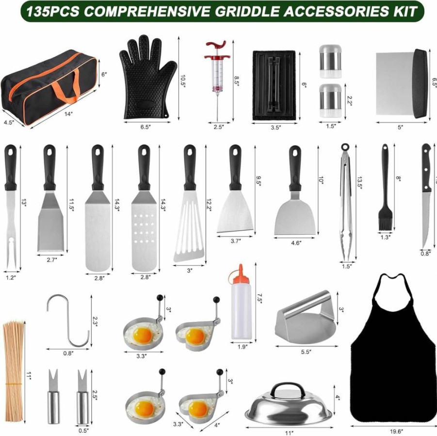 YJHOLE 135Pcs Blackstone Griddle Accessories Set - Heavy Duty Metal Spatulas, Basting Cover, Flat Top Grill Tools for Blackstone, Camp Chef & Outdoor BBQ Cooking