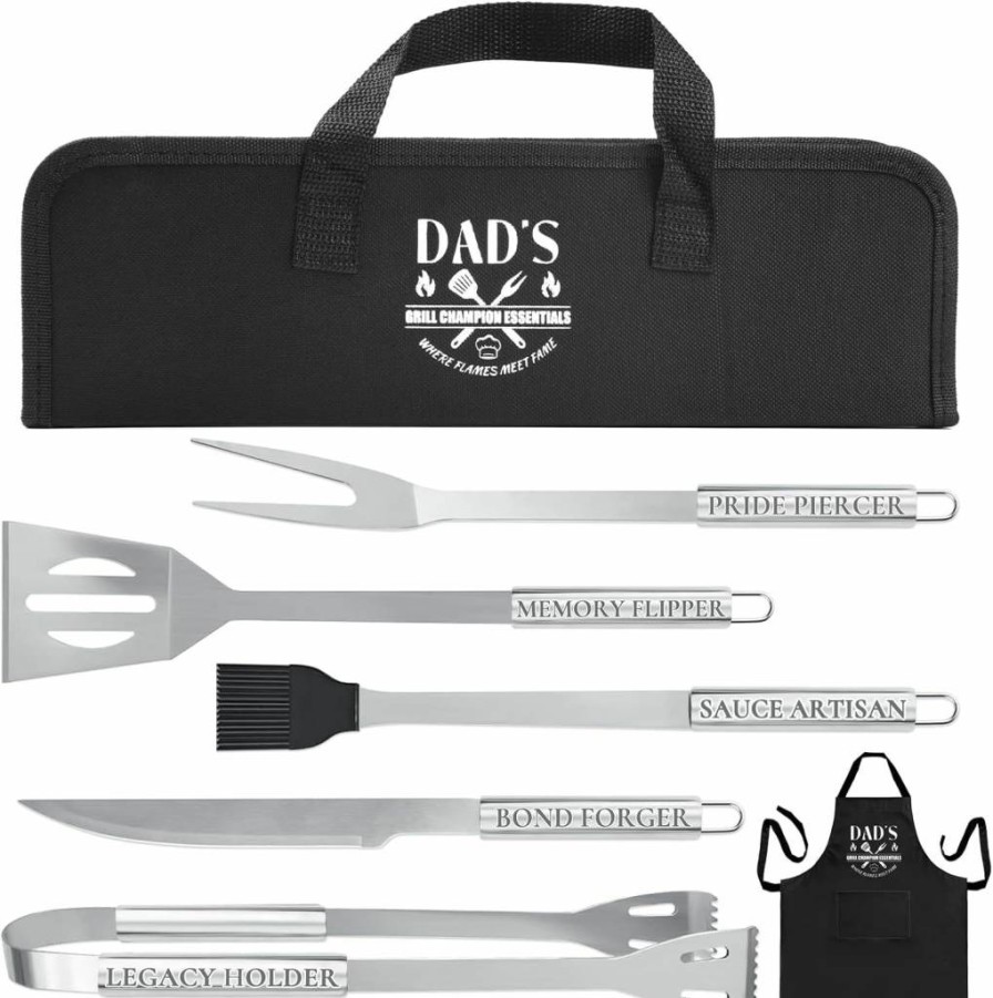 Qsbon Stainless Steel Grill Utensil Set - Personalized Engraved BBQ Gifts for Dad, Husband, Father's Day Present from Wife, Daughter, Son