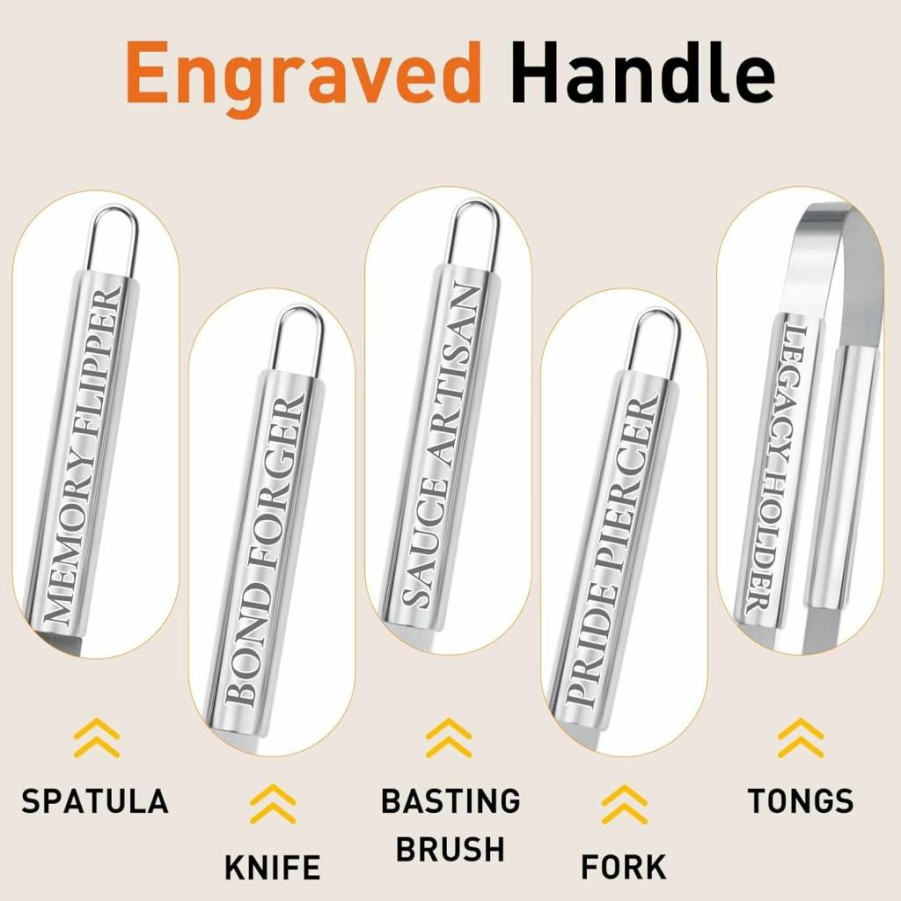 Qsbon Stainless Steel Grill Utensil Set - Personalized Engraved BBQ Gifts for Dad, Husband, Father's Day Present from Wife, Daughter, Son