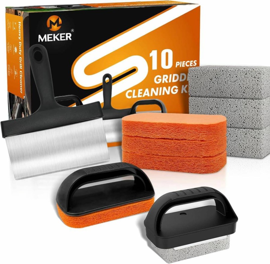 MEKER Flat Top Grill Cleaning Kit - 10 Pcs Griddle Scraper, Grill Stone, Scouring Pads & Brush for Blackstone & Griddles - Stain Removal Tool Set