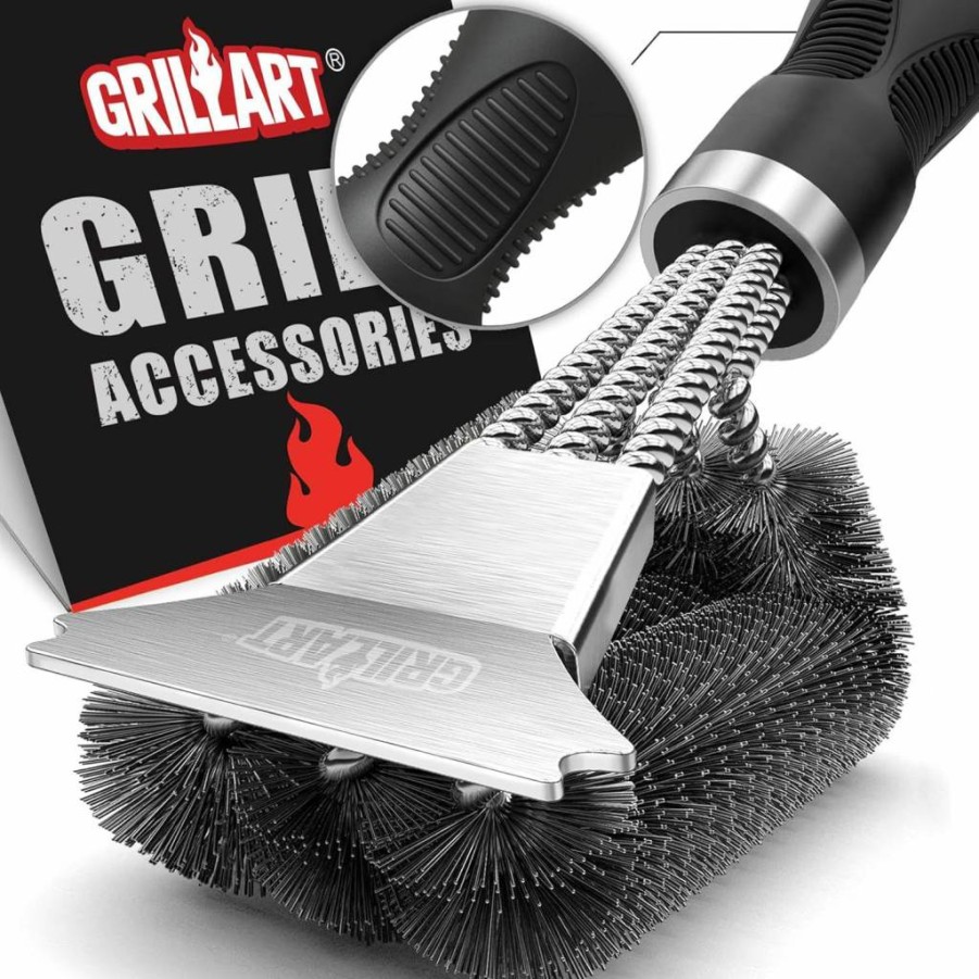 GRILLART Heavy Duty BBQ Grill Brush with Triple Scrubbers - Extra Strong Bristle-Free Cleaning Tool for Gas & Charcoal Grates - BR-8115 Grill Scraper & Cleaner Accessories