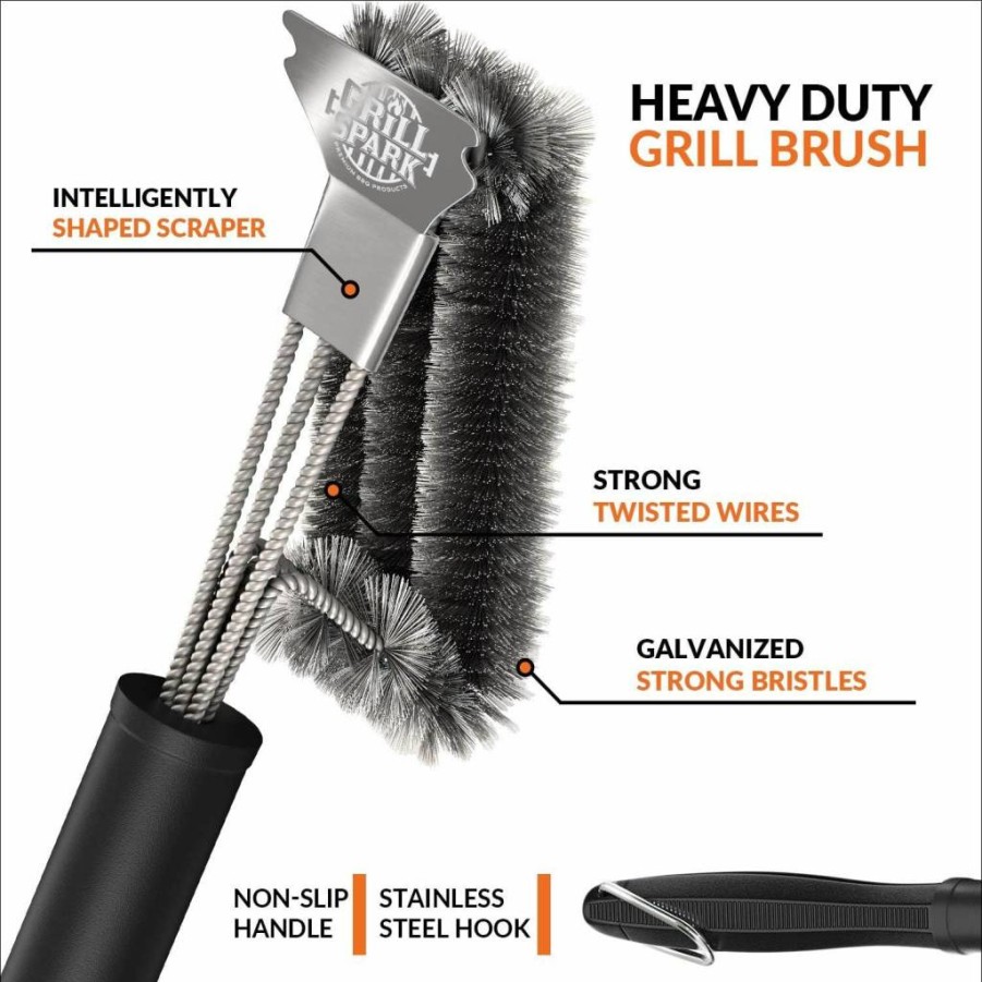 Grill Spark 18" BBQ Grill Brush with Scraper - Stainless Steel Bristles for Weber, Charcoal & Cast Iron Grates - Heavy Duty Grill Cleaning Tool
