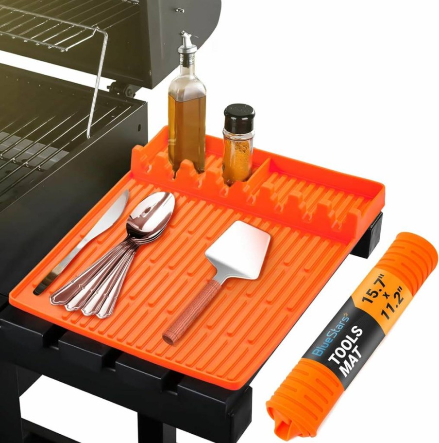 BlueStars Silicone Grill Mat for Blackstone Griddle - Heat-Resistant Drip Pad & Spatula Holder, 15.7"x11.2" Outdoor Cooking Accessories, Father's Day BBQ Gifts for Men