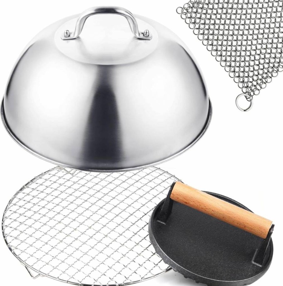 iRabey 11.5" Commercial Grade Blackstone Griddle Accessories Set - Heavy Duty Stainless Steel Melting Dome, Burger Press, Wire Rack & Cast Iron Cleaner for Flat Top Grill Cooking