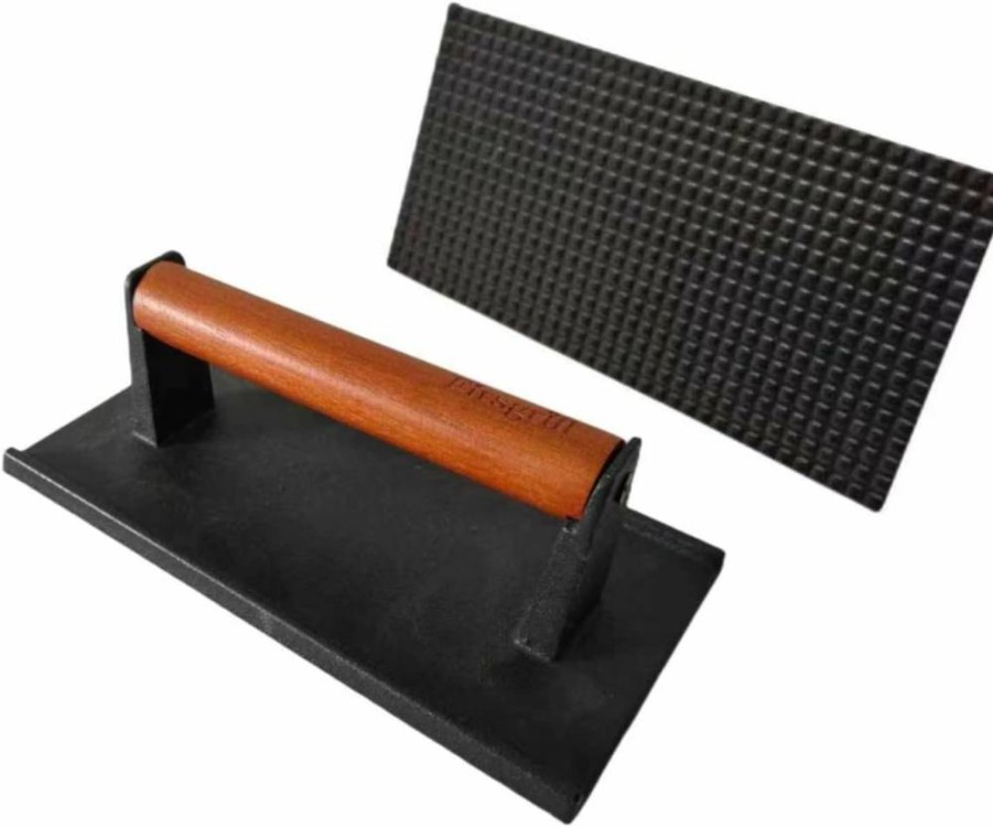 Firsgrill Heavy-Duty 7.08" Round Cast Iron Burger Press with Wood Handle for Smash Burgers, Steaks – Compatible with Blackstone, Camp Chef, Pit Boss, Weber Griddles & Grills