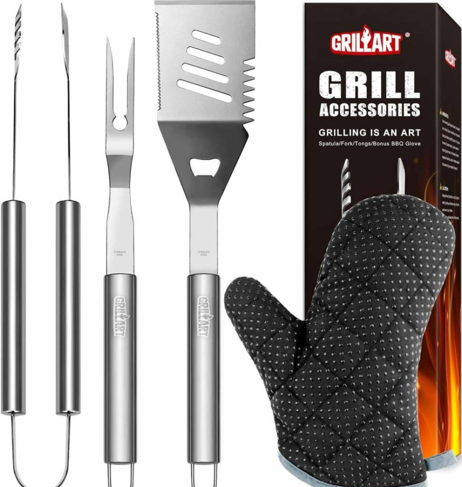 GRILLART 3-Piece BBQ Grill Tools Set - Stainless Steel Spatula, Tongs, Fork with Heat-Resistant Glove - Outdoor Grilling Accessories for Men, Dad Gifts
