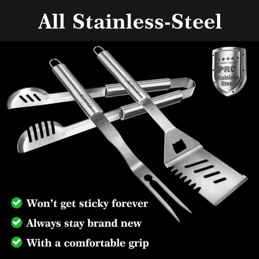 GRILLART 3-Piece BBQ Grill Tools Set - Stainless Steel Spatula, Tongs, Fork with Heat-Resistant Glove - Outdoor Grilling Accessories for Men, Dad Gifts
