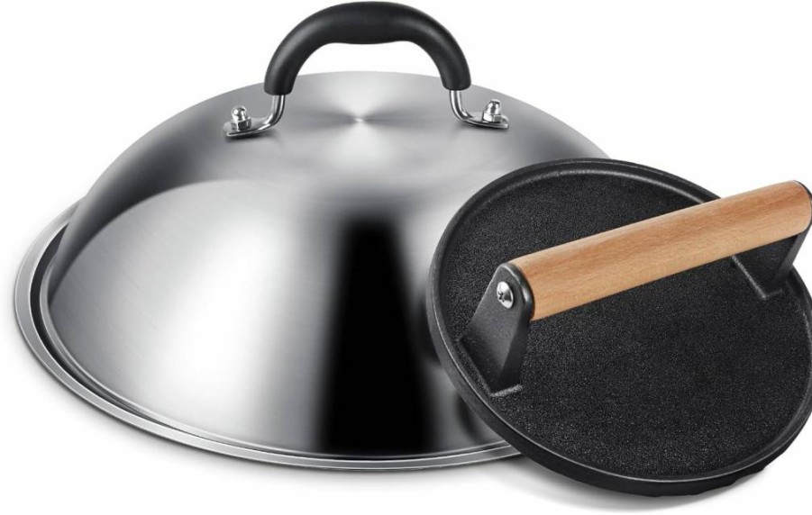 EWFEN 12 Inch Round Cast Iron Grill Press & Melting Dome for Blackstone, Camp Chef – Heavy Duty Commercial Grade Griddle Accessories for Burgers, Bacon, Sandwiches