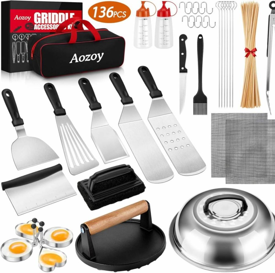 AOZOY 136-Piece Griddle Accessories Kit for Blackstone & Camp Chef - Stainless Steel Spatula Set with Burger Press, Scraper, Tongs & Carry Bag for Outdoor BBQ, Grilling, and Flat Top Cooking
