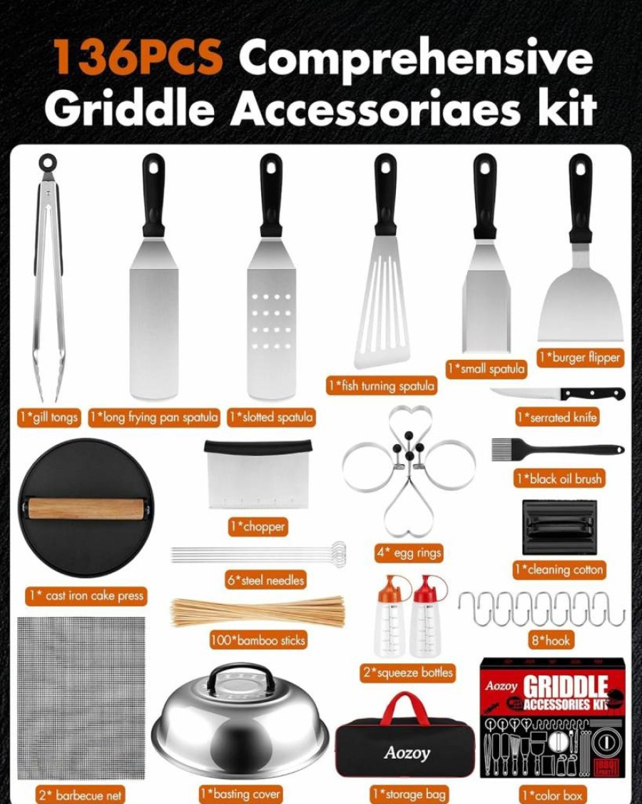 AOZOY 136-Piece Griddle Accessories Kit for Blackstone & Camp Chef - Stainless Steel Spatula Set with Burger Press, Scraper, Tongs & Carry Bag for Outdoor BBQ, Grilling, and Flat Top Cooking