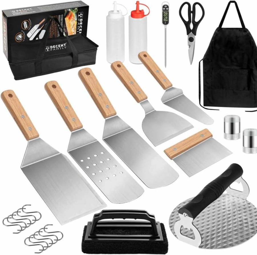 DY DECENT FAMILY 30Pcs Blackstone Grill Accessories Kit - Professional BBQ Tool Set with Spatula, Burger Press, Meat Injector, Thermometer, Tongs & Basting Cover for Camping, Backyard, Teppanyaki Cooking