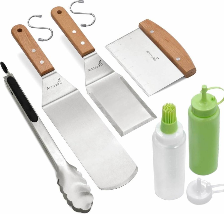 Anmarko Professional Stainless Steel Spatula Set - Heavy Duty Metal Griddle Scraper for Cast Iron, BBQ & Flat Top Grill - Commercial Grade Kitchen Tools
