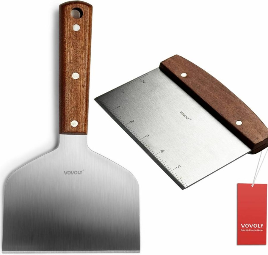 Vovoly Professional 5.5"x5.5" Smash Burger Spatula - Extra Wide Griddle Scraper with Full Tang Wooden Handle & Knife-Grade Stainless Steel - Heavy Duty Grill Accessories for BBQ & Cooking