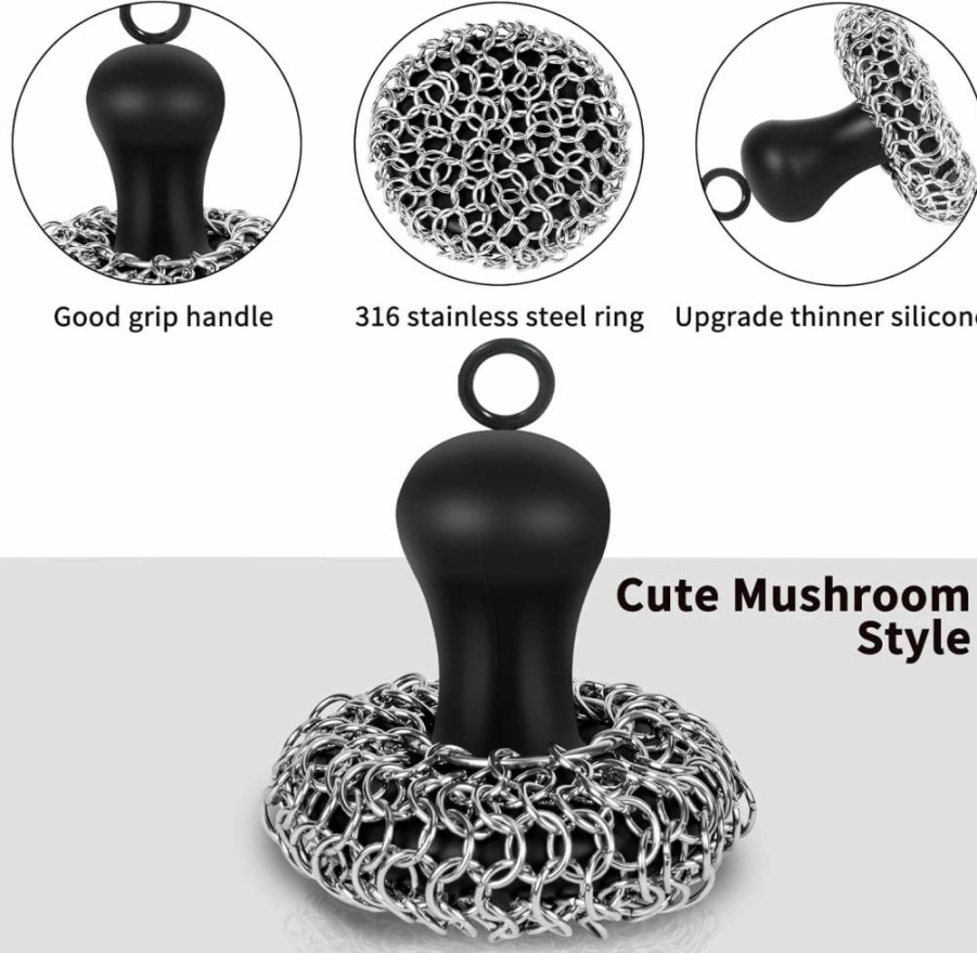 Herda Upgraded Chainmail Scrubber for Cast Iron – Heavy Duty Metal Scrub Brush & Pan Scraper for Skillet, Grill, Dutch Oven, Wok – Rust-Free Cast Iron Cleaner Kit