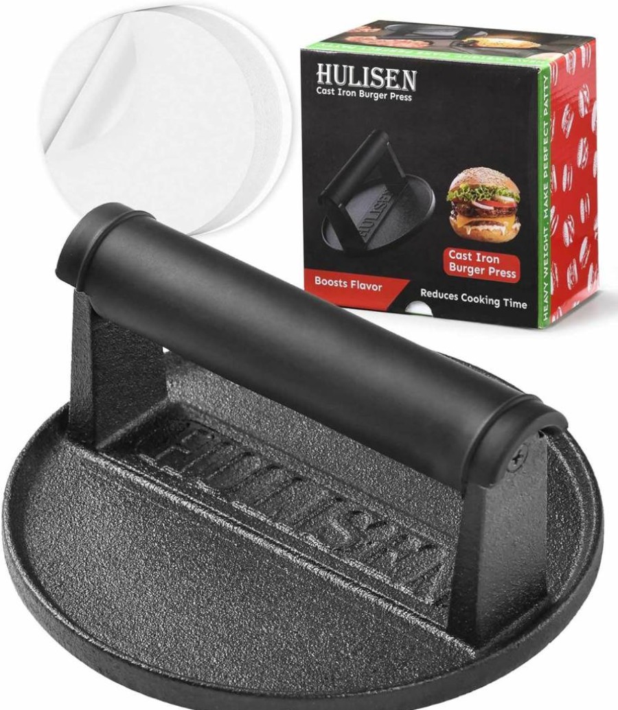 HULISEN 6" Cast Iron Burger Press – Heavy Duty Pre-Seasoned Grill Smasher for Griddle, Hamburger, Bacon & Steak with Heat-Resistant Handle – 2.3Lb BBQ Grilling Tool