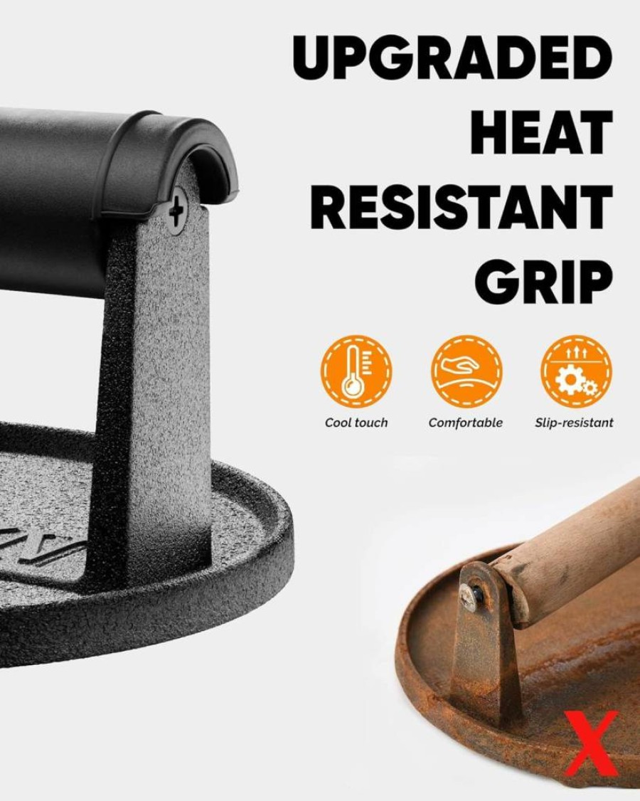 HULISEN 6" Cast Iron Burger Press – Heavy Duty Pre-Seasoned Grill Smasher for Griddle, Hamburger, Bacon & Steak with Heat-Resistant Handle – 2.3Lb BBQ Grilling Tool