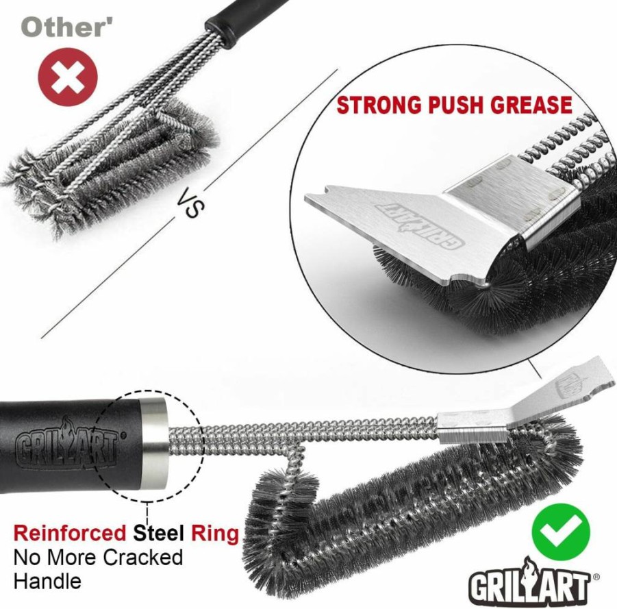 GRILLART 18" Stainless Steel BBQ Grill Brush - 3-in-1 Heavy Duty Grill Cleaner with Woven Wire Bristles & Scraper (BR-4516) for Safe Grill Cleaning