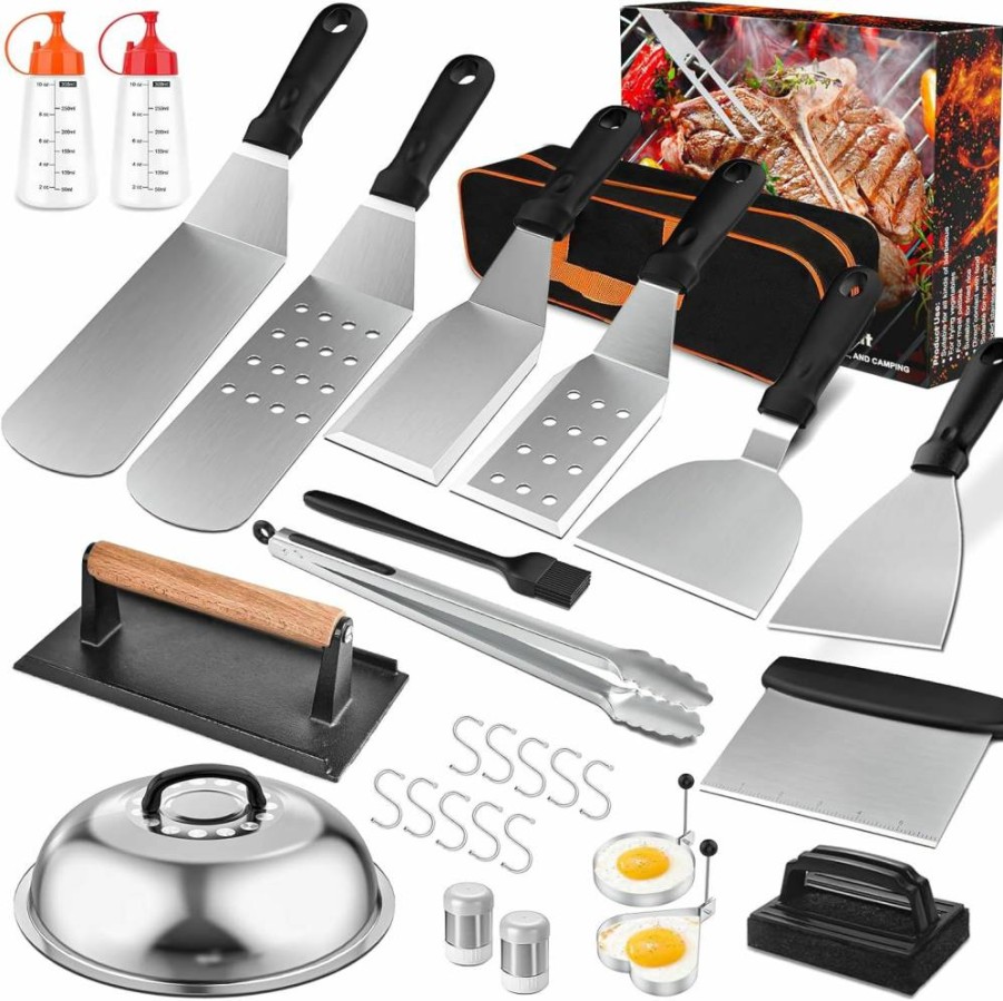 SouAny 29-Piece Griddle Accessories Kit for Blackstone & Camp Chef - Heavy Duty Spatulas, Tongs, Scraper, Basting Cover, Spice Shakers - Outdoor BBQ Grill Tools Set