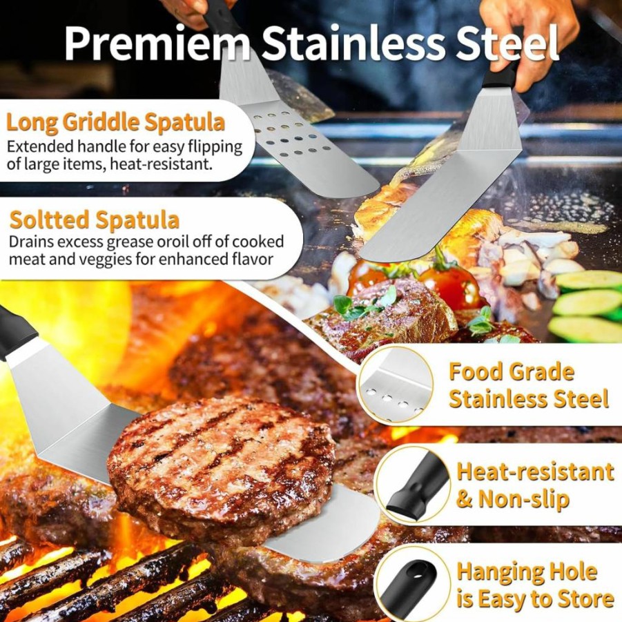 SouAny 29-Piece Griddle Accessories Kit for Blackstone & Camp Chef - Heavy Duty Spatulas, Tongs, Scraper, Basting Cover, Spice Shakers - Outdoor BBQ Grill Tools Set
