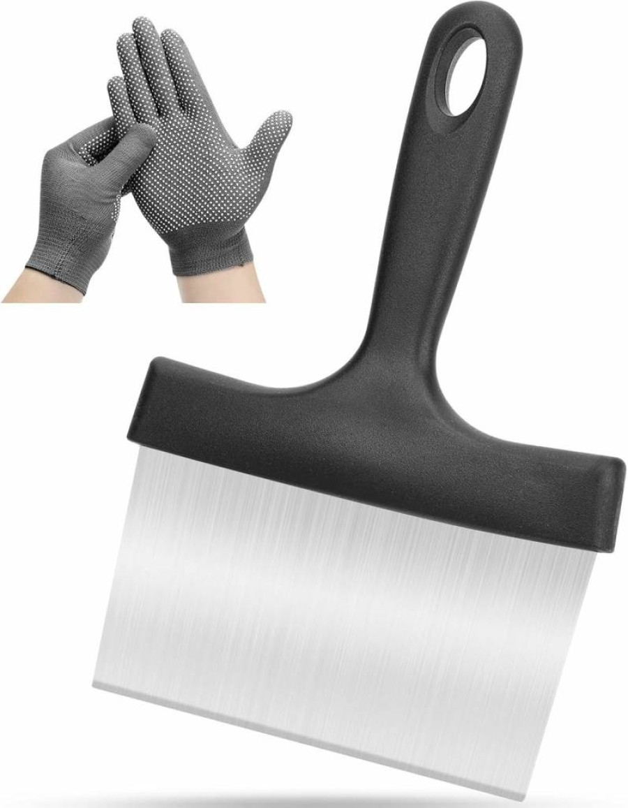 Buatacme Stainless Steel Grill Scraper - 5" Ergonomic Handle Griddle Cleaner for Blackstone & Outdoor BBQ, Heavy Duty Kitchen Turner Tool