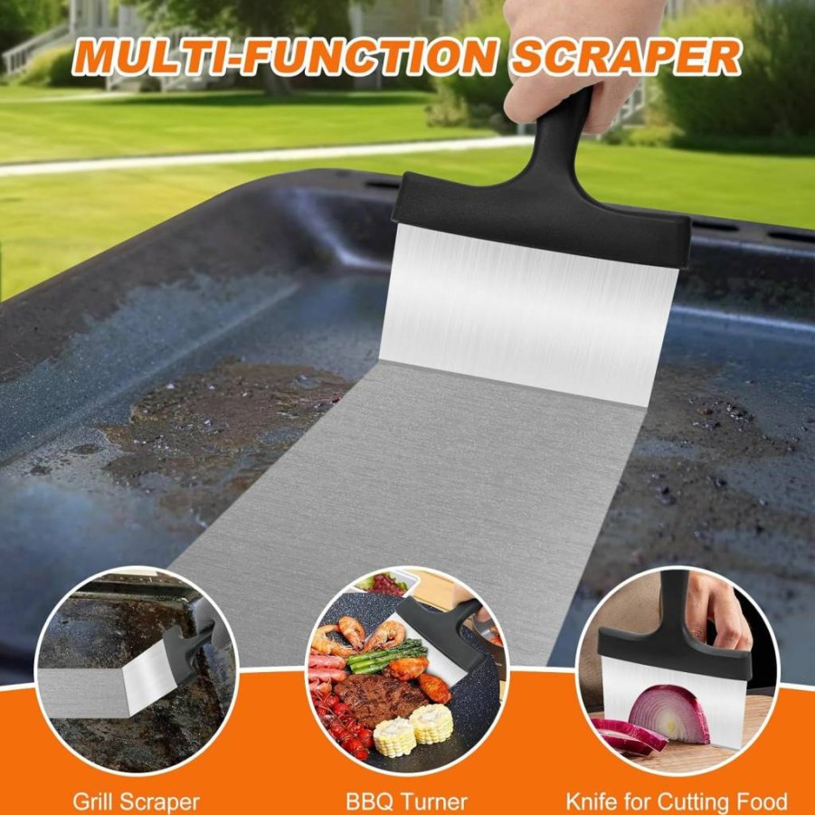 Buatacme Stainless Steel Grill Scraper - 5" Ergonomic Handle Griddle Cleaner for Blackstone & Outdoor BBQ, Heavy Duty Kitchen Turner Tool