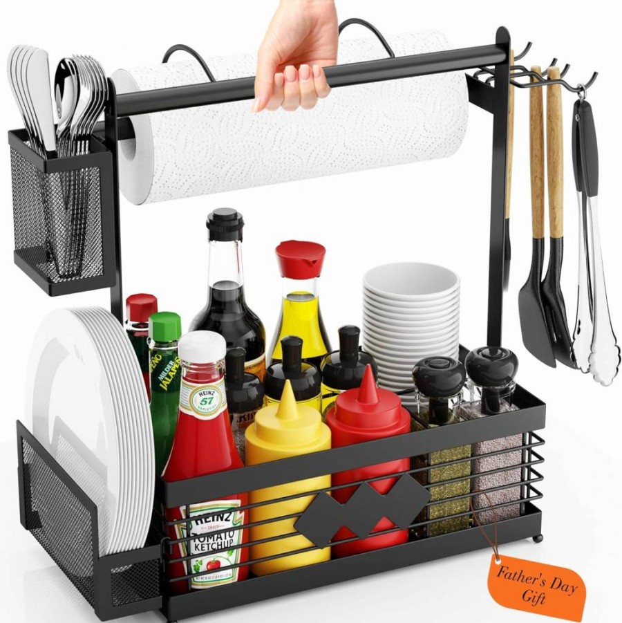 Aofmee Grill Caddy for Outdoor BBQ - Camping Kitchen Organizer with Paper Towel Holder, Plate Rack & Utensil Storage - Perfect for RV, Patio, Tailgating - Ideal Grilling Gift for Men