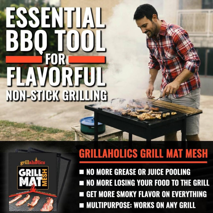 Grillaholics Heavy Duty BBQ Grill Mats - Set of 2 Durable Non-Stick Cooking Mats for Easy Grilling & Grill Protection - Ideal Grilling Gift for Outdoor Cooking