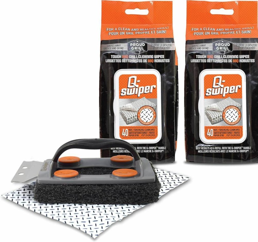 Proud Grill Company Bristle-Free BBQ Grill Cleaner Set - Wire-Free Scraper & 80 Moist Wipes for Safe Cleaning of Grease & Grime on Gas Grill Grates - Grill Accessories for Weber & Outdoor BBQs