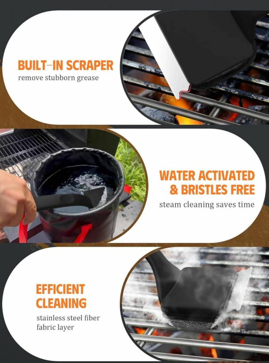 MEKER Grill Brush Bristle-Free with 5 Replacement Heads, Safe BBQ Cleaner for Cast Iron & Stainless Steel Grates, Outdoor Grill Scraper – Black