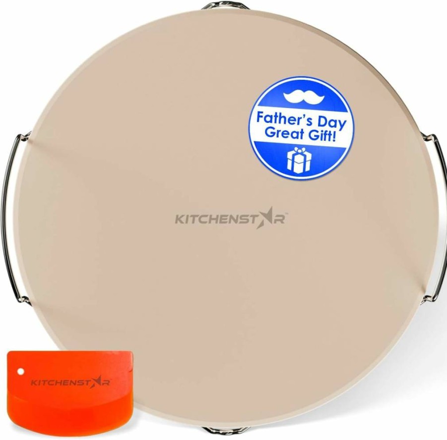 KitchenStar 14 Inch Round Cordierite Pizza Stone for Oven & Grill – High Heat Resistant Baking Stone with Stainless Steel Rack & Dough Scraper – 1500°F Natural Cooking Stone for Perfect Homemade Pizza