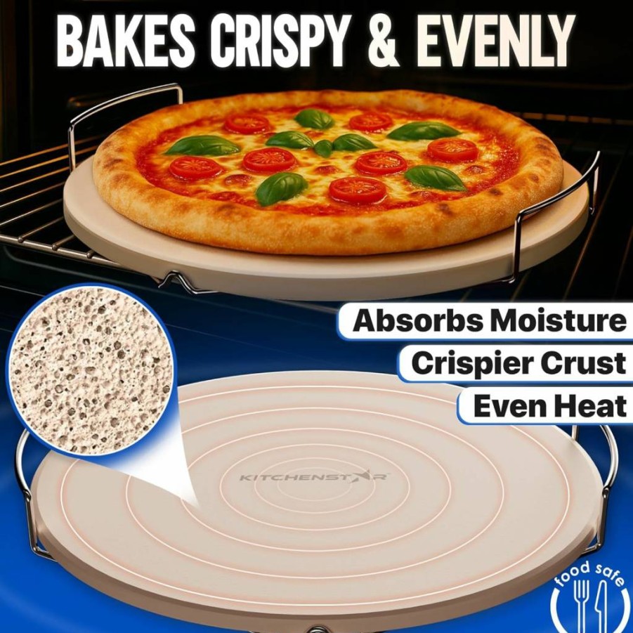 KitchenStar 14 Inch Round Cordierite Pizza Stone for Oven & Grill – High Heat Resistant Baking Stone with Stainless Steel Rack & Dough Scraper – 1500°F Natural Cooking Stone for Perfect Homemade Pizza