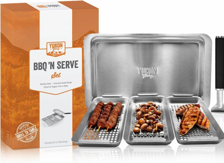 Yukon Glory BBQ Grill Baskets Set - Durable Stainless Steel Cooking & Serving Tools for Outdoor Grilling
