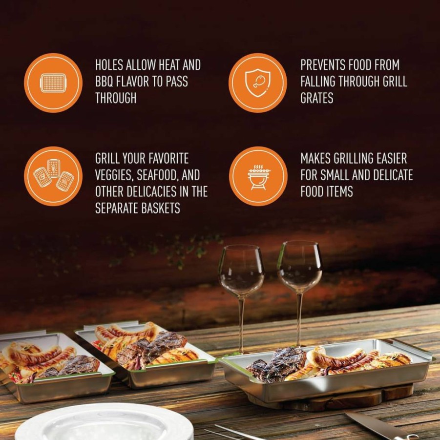 Yukon Glory BBQ Grill Baskets Set - Durable Stainless Steel Cooking & Serving Tools for Outdoor Grilling