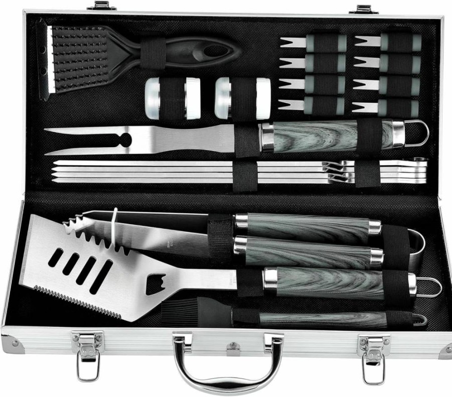ROMANTICIST 20-Piece BBQ Grill Tool Set with Case - Professional Heavy Duty Grill Accessories for Outdoor Cooking, Camping, Grilling - Ideal Gift for Father's Day, Christmas - Grey