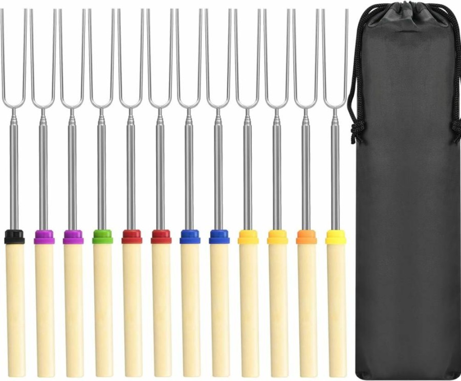 DkOvn Extendable 32-Inch Marshmallow Roasting Sticks - 5 Pack with Wooden Handle for Camping, BBQ, Grill, Hot Dogs & S'mores - Durable Metal Skewers