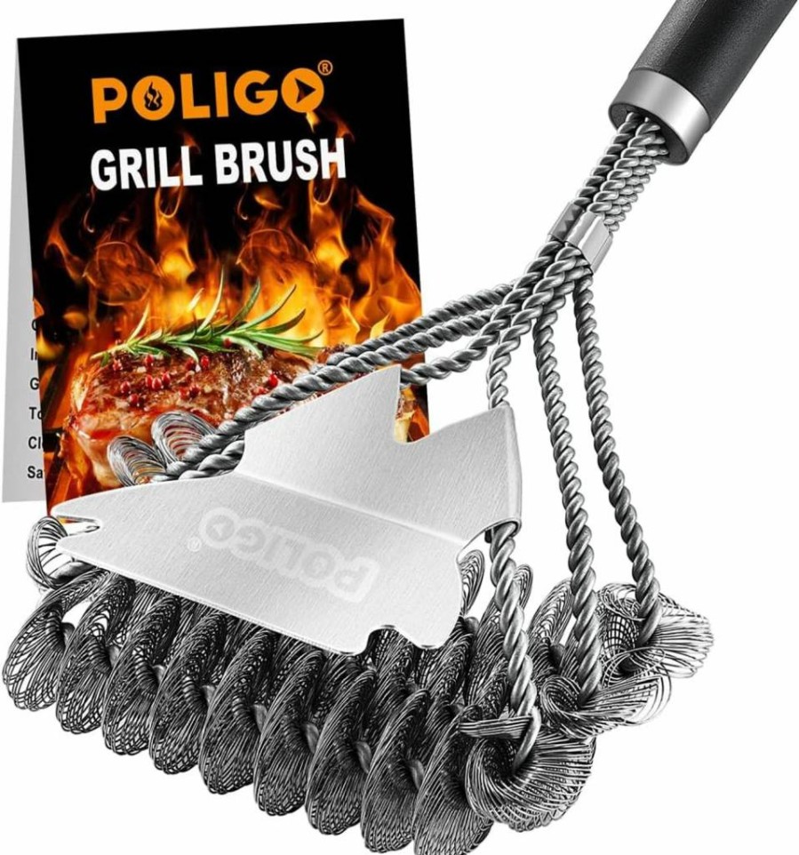 POLIGO Bristle-Free BBQ Grill Cleaner with Scraper - Triple Helix Design for Gas, Charcoal & Porcelain Grills - Safe Non-Bristle Barbecue Cleaning Brush - Ideal Grill Accessories Gift