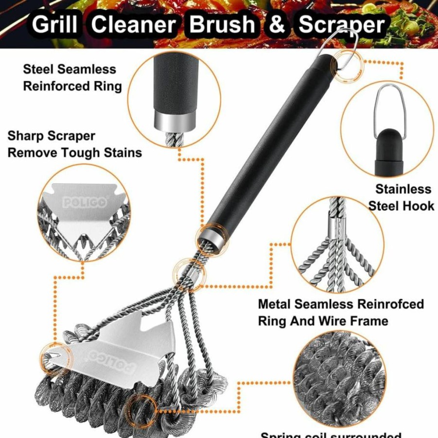 POLIGO Bristle-Free BBQ Grill Cleaner with Scraper - Triple Helix Design for Gas, Charcoal & Porcelain Grills - Safe Non-Bristle Barbecue Cleaning Brush - Ideal Grill Accessories Gift