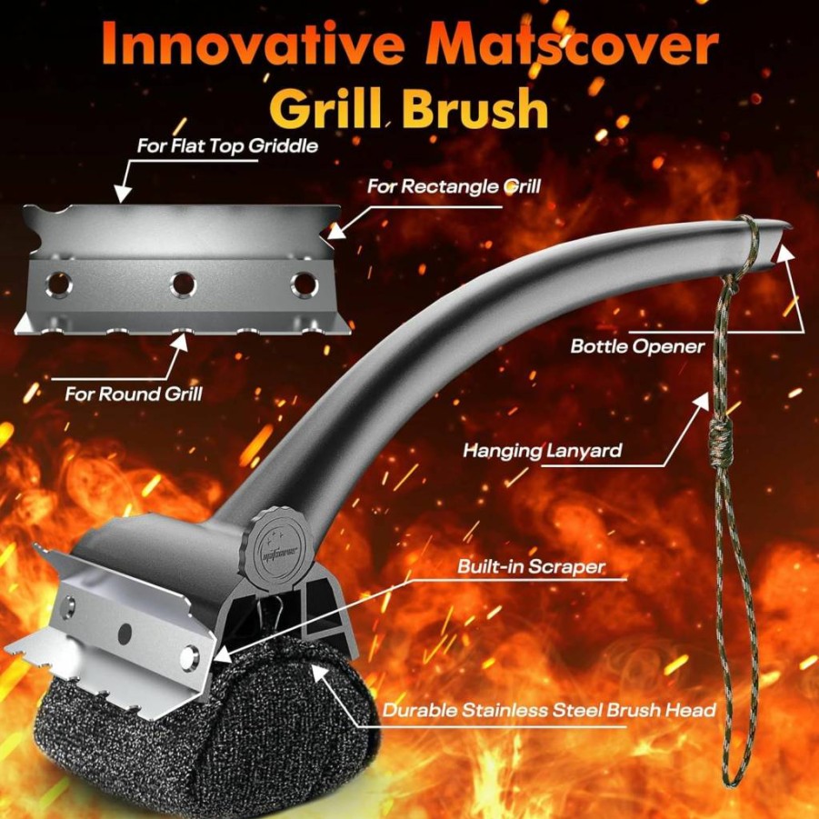 Matscover Bristle-Free BBQ Grill Brush with Replaceable Heads - Safe Grill Cleaner for Cast Iron, Stainless Steel, Porcelain, Gas & Charcoal Grates - Outdoor Grill Scraper & Cleaning Brush