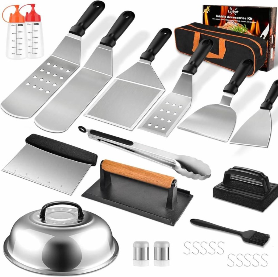 Latiret 27Pcs Griddle Accessories Kit for Blackstone & Camp Chef - Stainless Steel Spatulas, Scraper, Basting Cover for BBQ, Flat Top Grill Tools Set