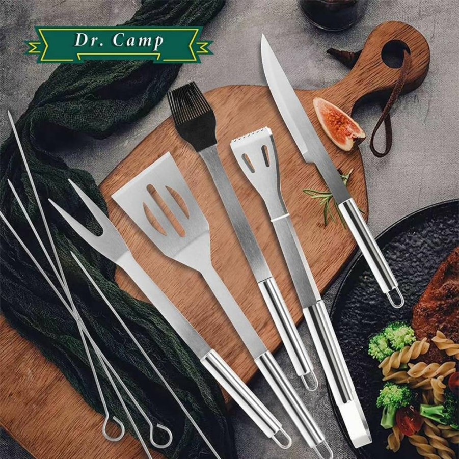 Dr.Camp Premium 9-Piece Stainless Steel BBQ Grill Tool Set – Heavy Duty Grilling Accessories Kit for Outdoor Cooking