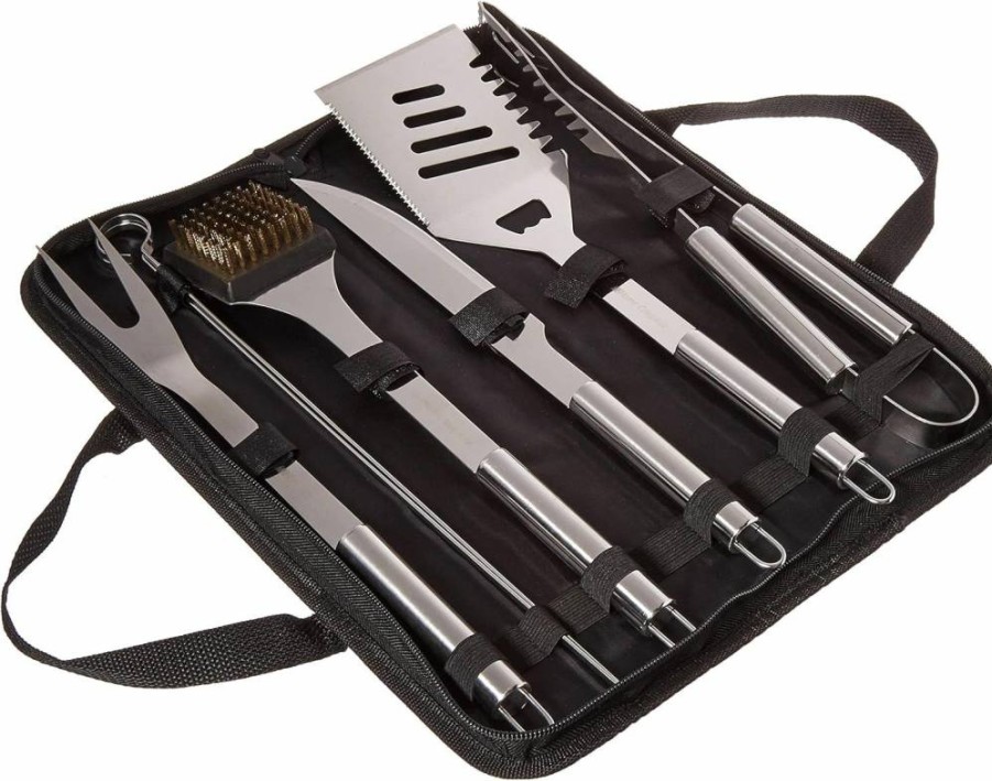 Home-Complete HC-1004 8-Piece Stainless Steel BBQ Grill Tool Set with Spatula, Tongs, Fork, Knife, Brush, Skewers & Travel Case – Silver Kitchen Accessories