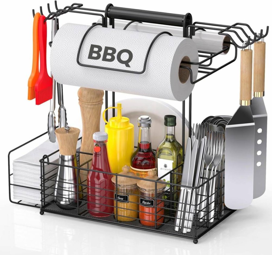 GBEER BBQ Grill Caddy Organizer with 9 Compartments, 8 Hooks & 2 Paper Towel Holders - Portable Outdoor Grill Accessories Storage for Kitchen & Backyard Cooking Tools