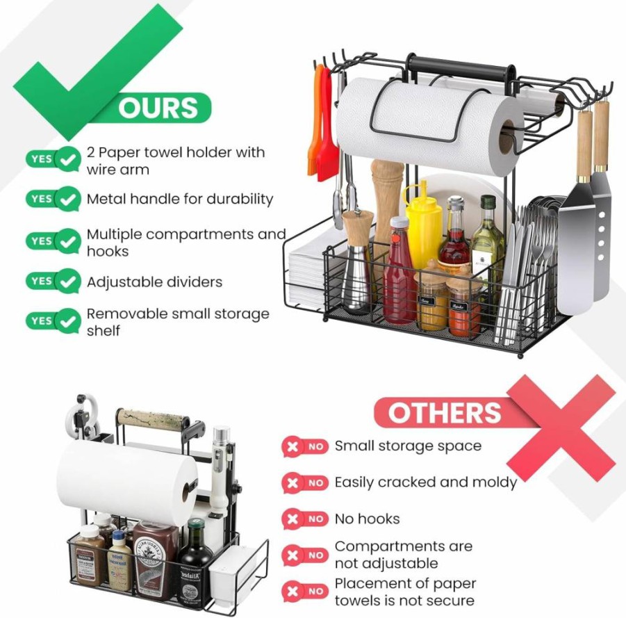 GBEER BBQ Grill Caddy Organizer with 9 Compartments, 8 Hooks & 2 Paper Towel Holders - Portable Outdoor Grill Accessories Storage for Kitchen & Backyard Cooking Tools